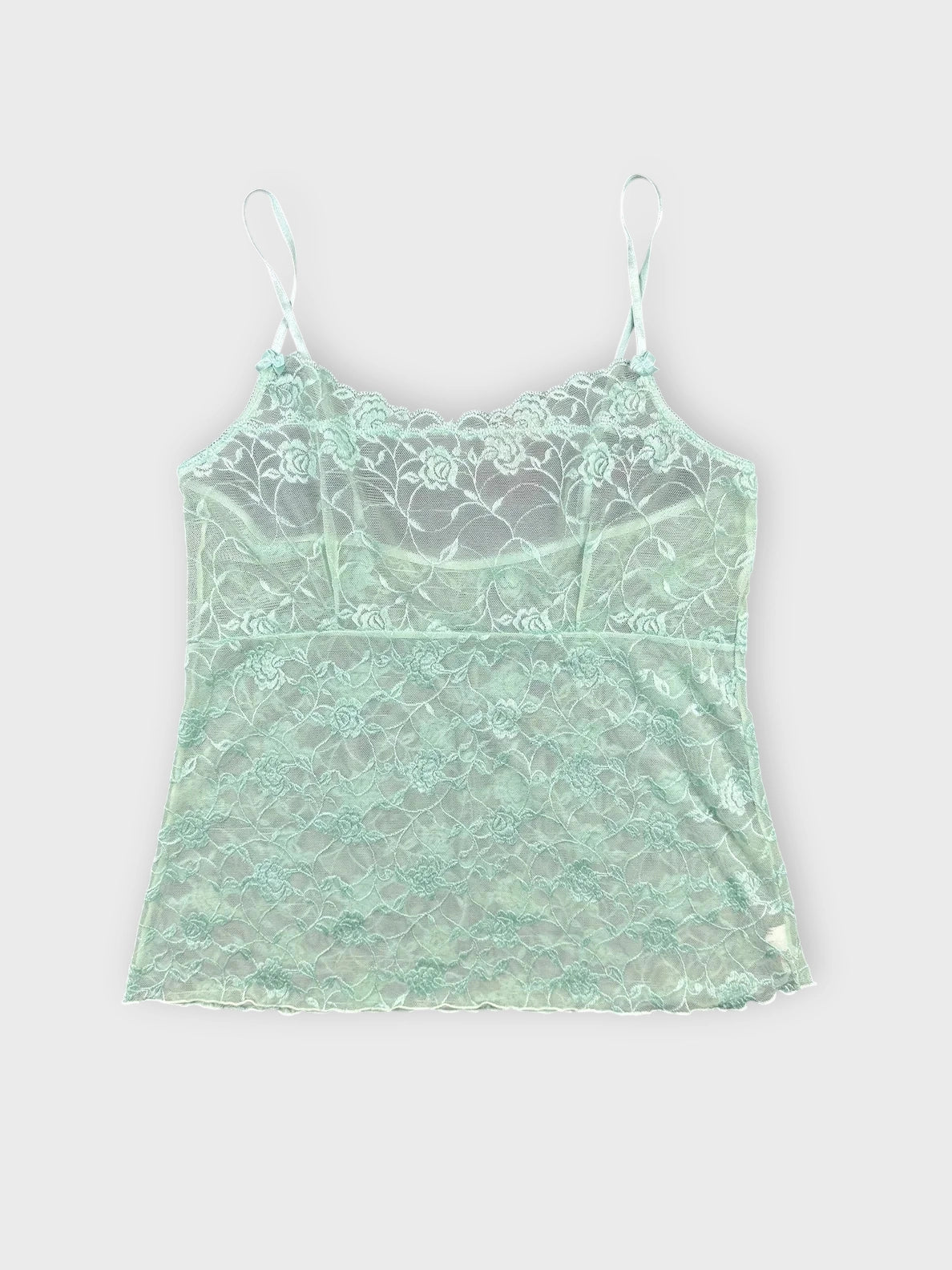 front view, LINDEX Mint Lace Camisole with Sheer Detailing, vintage Y2K second hand piece