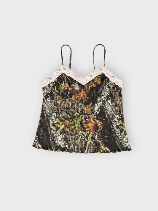 front view, Wildernes Dreams Nature Pattern Lingerie Top with Pink Detail, vintage Y2K second hand piece