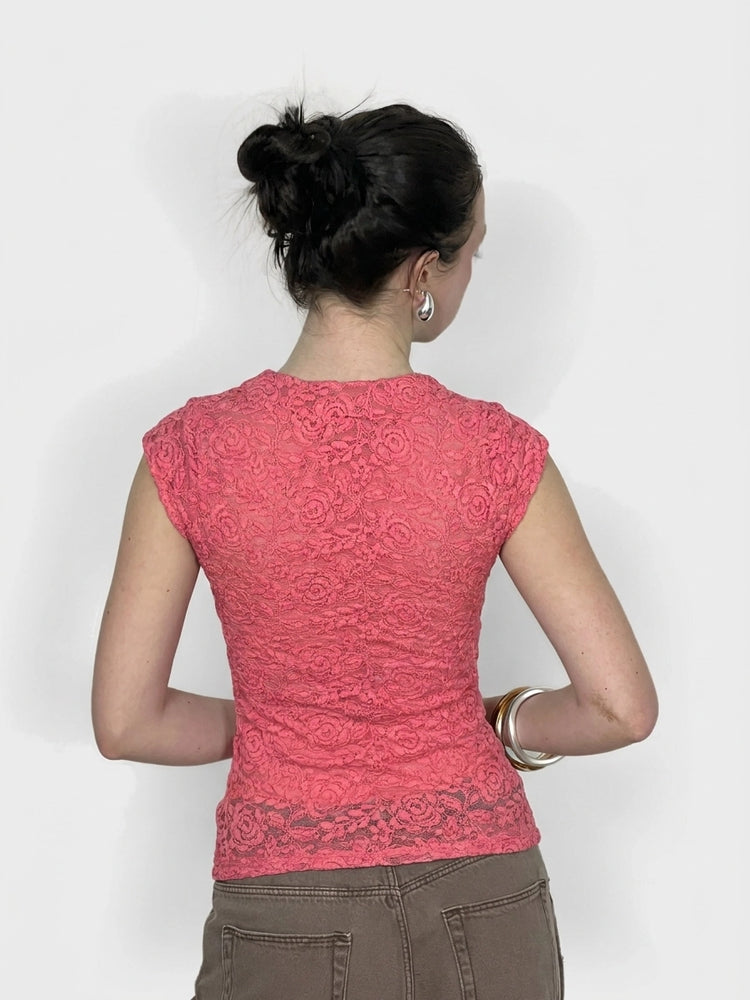 Pink Lace Crop Top with Floral Design (XS)