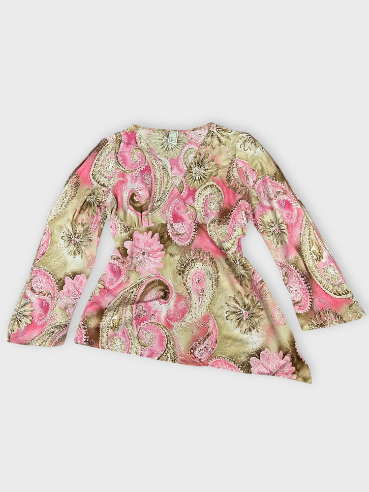 Pink Floral Wrap Top with Sheer Bell Sleeves (XXL)