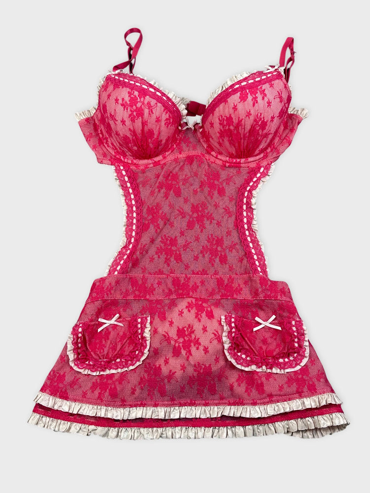 Lacy Pink Mini Dress with Ruffle Details (S)
