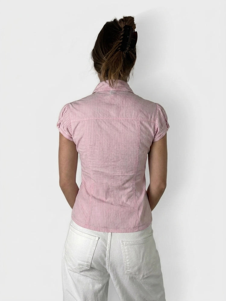 Pinstriped Pink Short Sleeve Shirt (M)