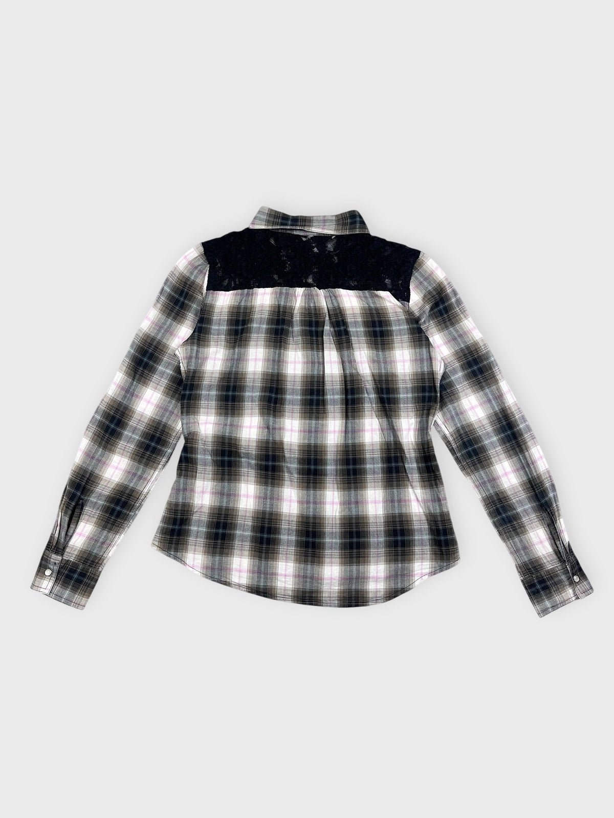 Back view of plaid button-up shirt with black lace panels.