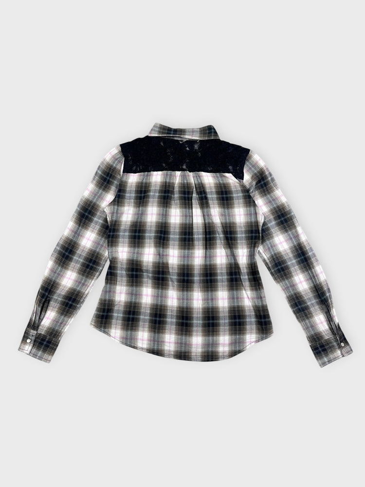 Plaid Button-Up Shirt with Contrast Panels (S)