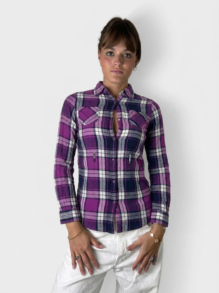 Plaid Button-Up Shirt with Unique Cutout Detail (S)