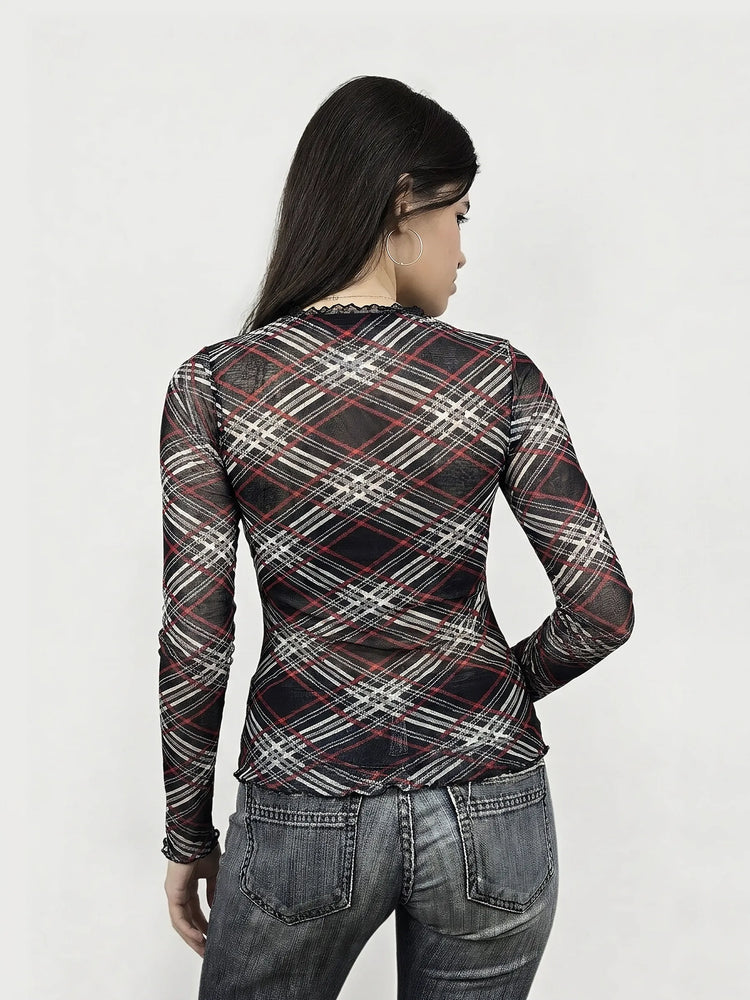 Plaid Mesh Top with Ruffled Detail (L)