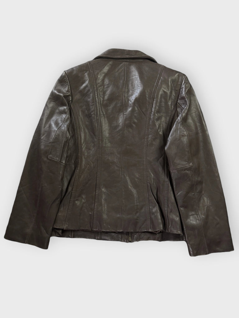 back view, Preston & York Brown Faux Leather Jacket Women, vintage Y2K second hand piece