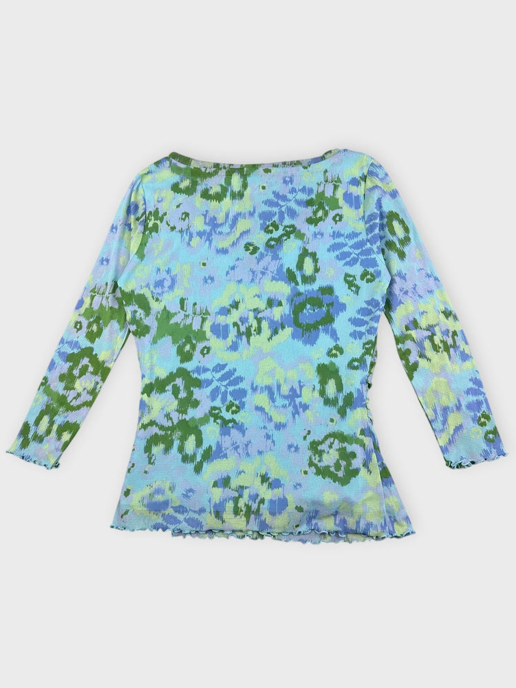 Floral Printed V-Neck Top with Flare Hem (S)