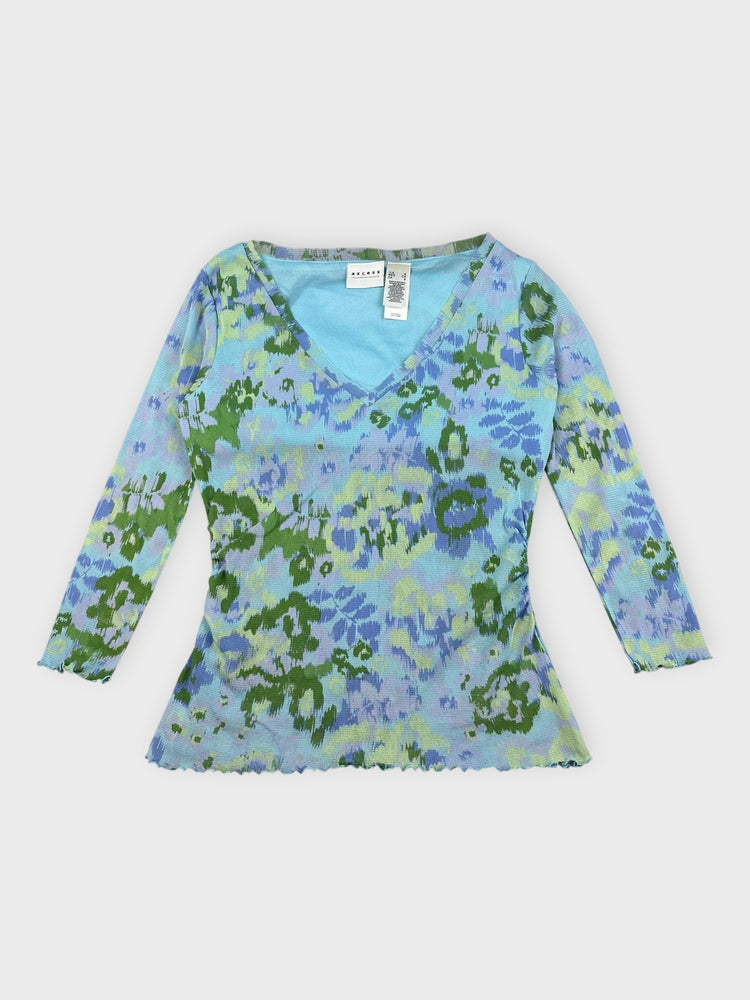 Floral Printed V-Neck Top with Flare Hem (S)