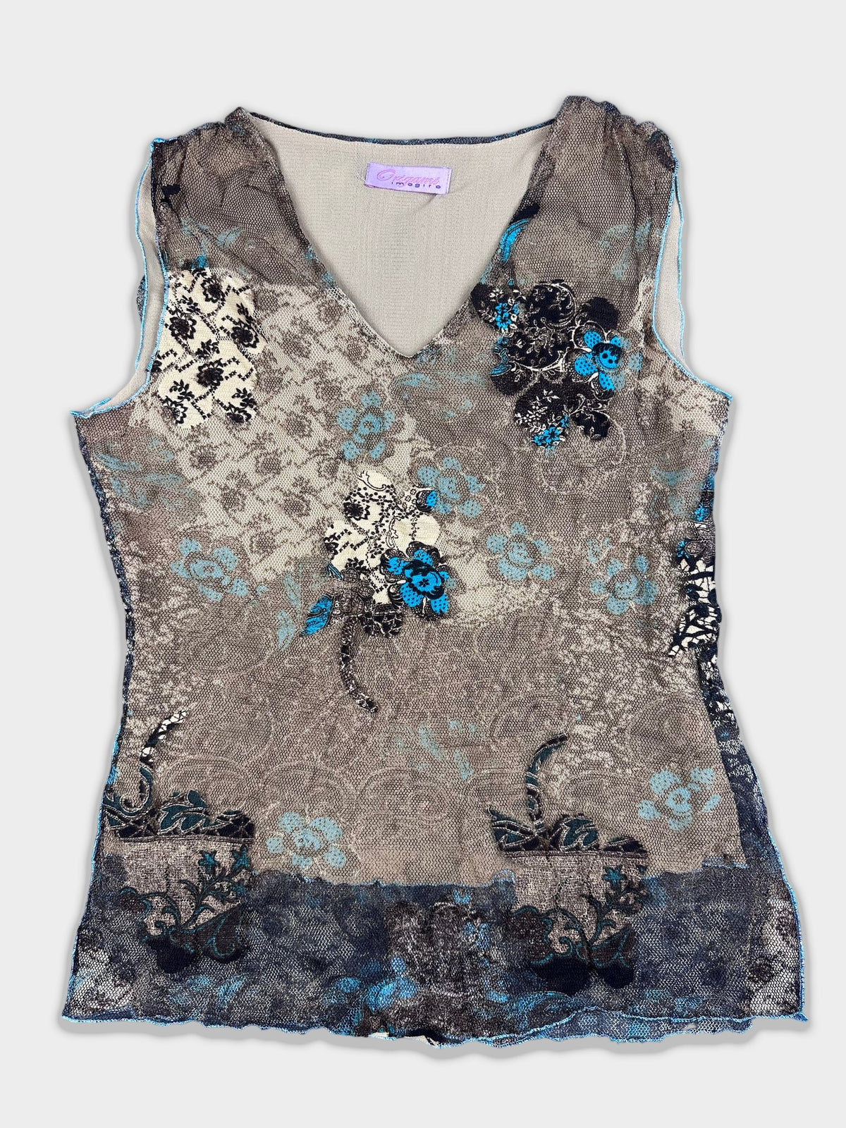 front view, Origami Imagiro Grunge Mesh Tank Turquoise Floral, vintage Y2K second hand piece