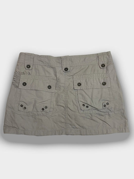 back view, Lola Espeleta Khaki Vintage Utility Cargo Mini Skirt — Embroidered Cotton Chevrons M, vintage Y2K second hand piece