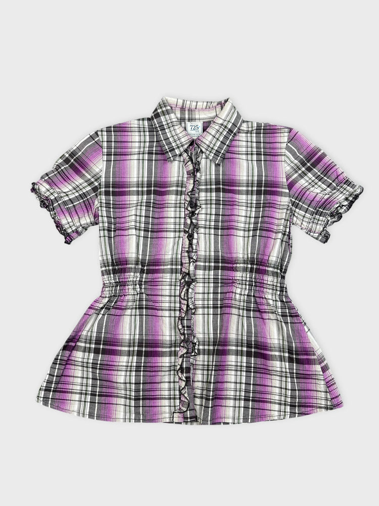 Purple Plaid Peplum Shirt with Ruffle Details (S)
