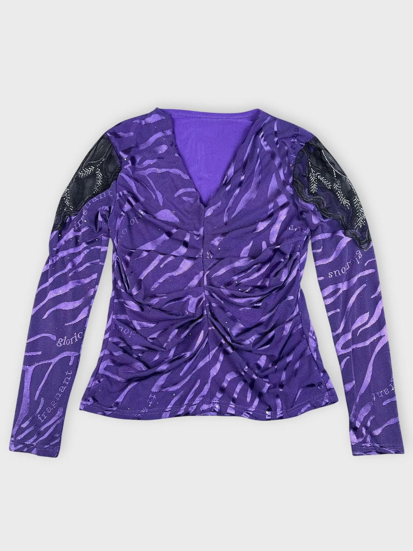 Purple long sleeve top with zebra print lace detail front view