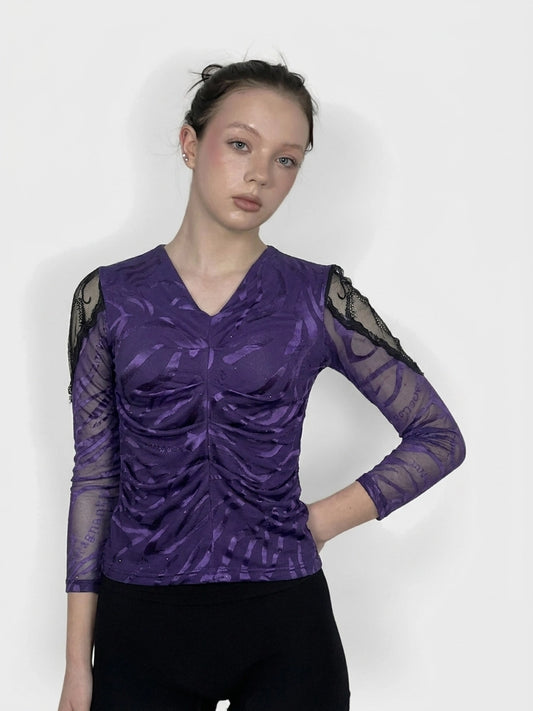 Purple ruched long sleeve top with lace, front view, featuring sheer sleeves.