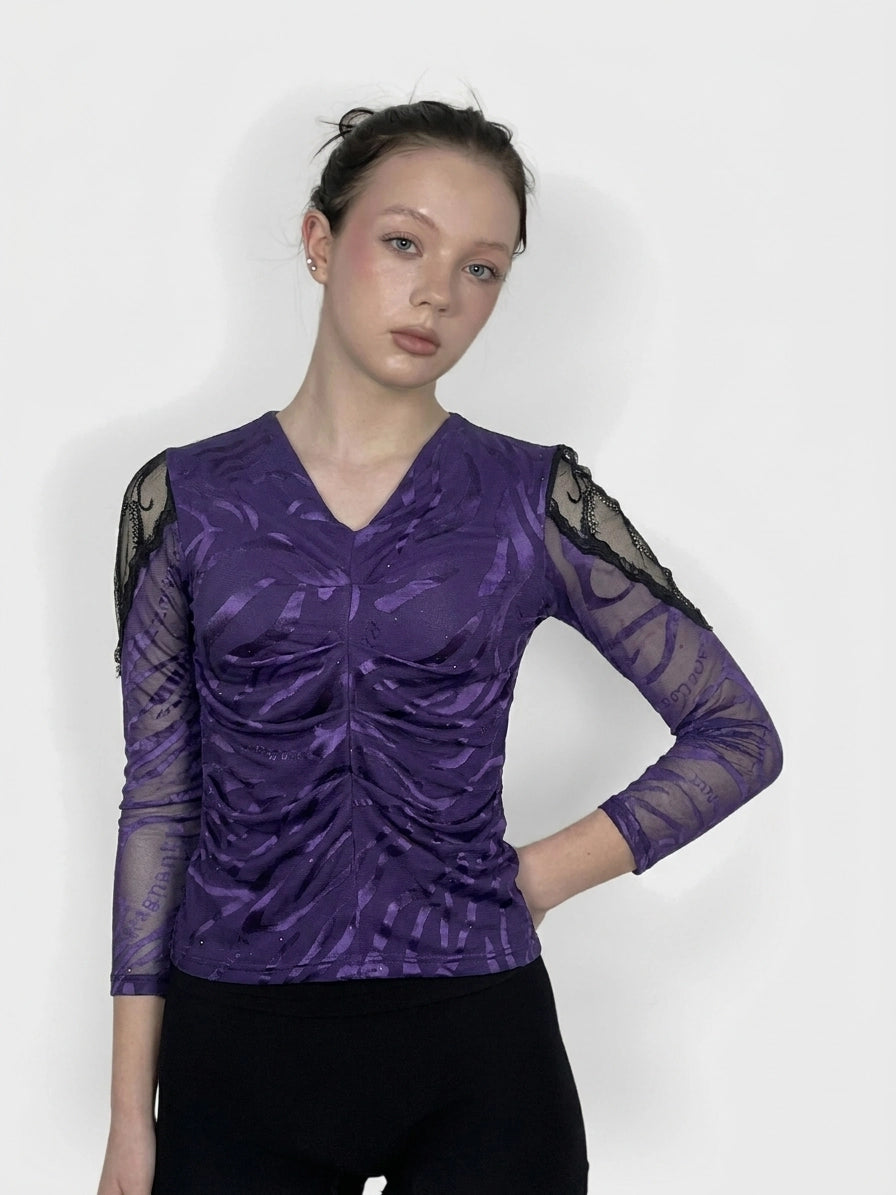 Purple ruched long sleeve top with lace, front view, featuring sheer sleeves.