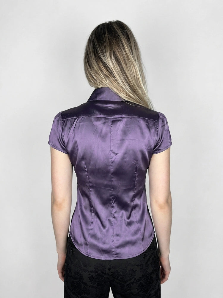 Purple Satin Button-Up Shirt with Short Sleeves (S)