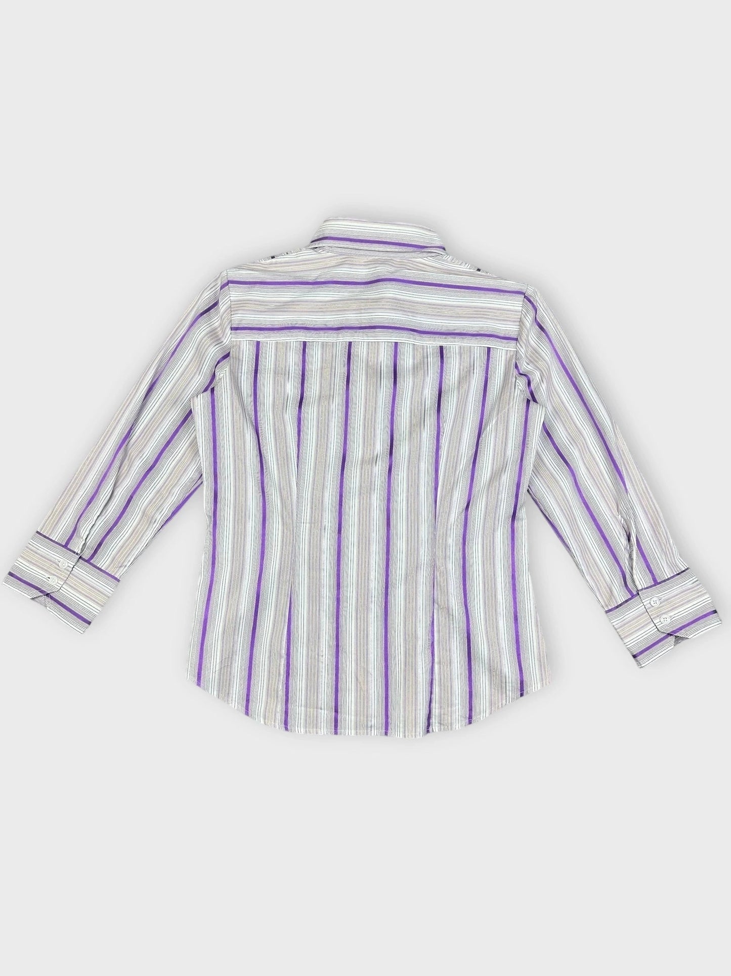 Back view of a purple striped fitted blouse with a sheen.