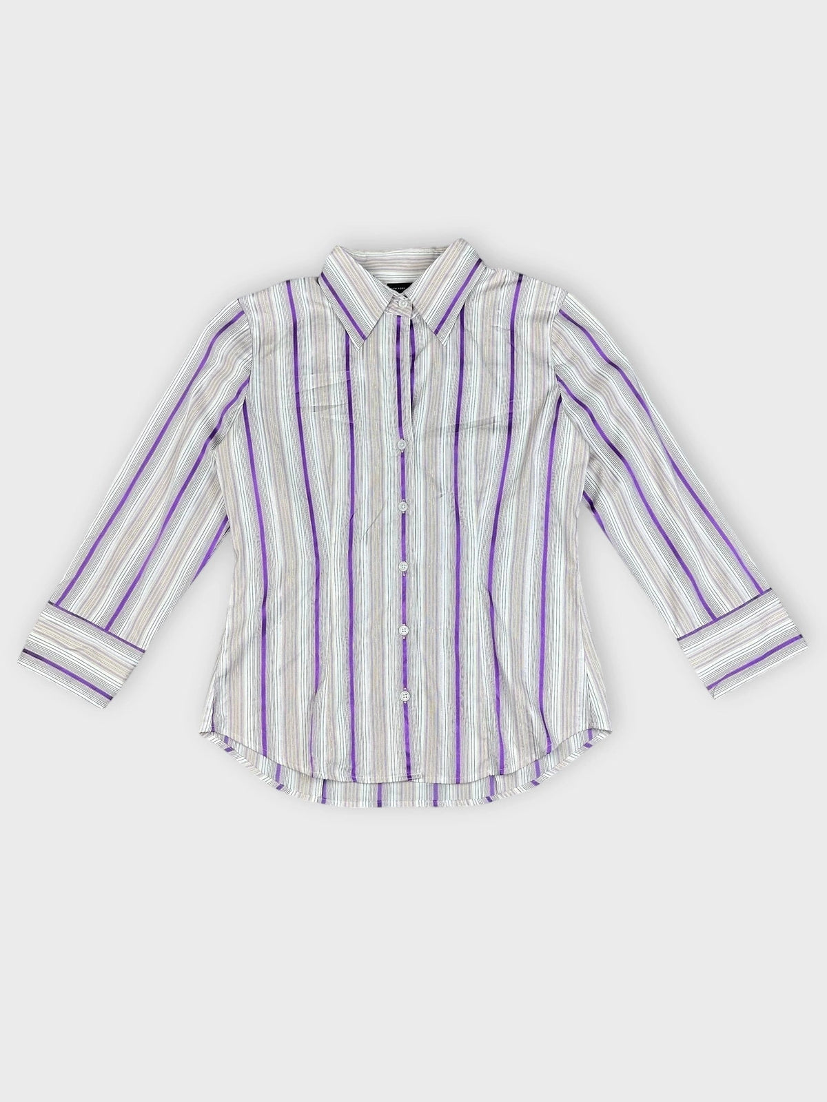 Detail view of fitted purple striped blouse with shiny fabric