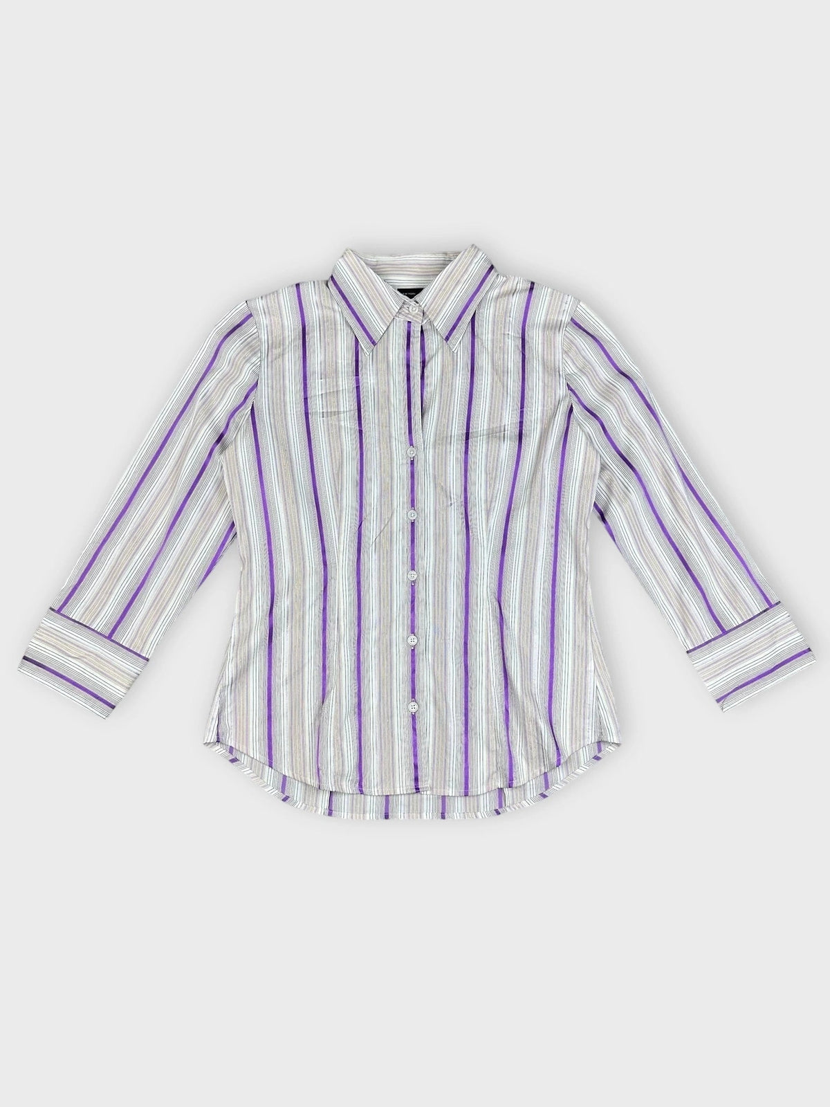Purple striped fitted blouse with sheen in front view, featuring a button-up design.