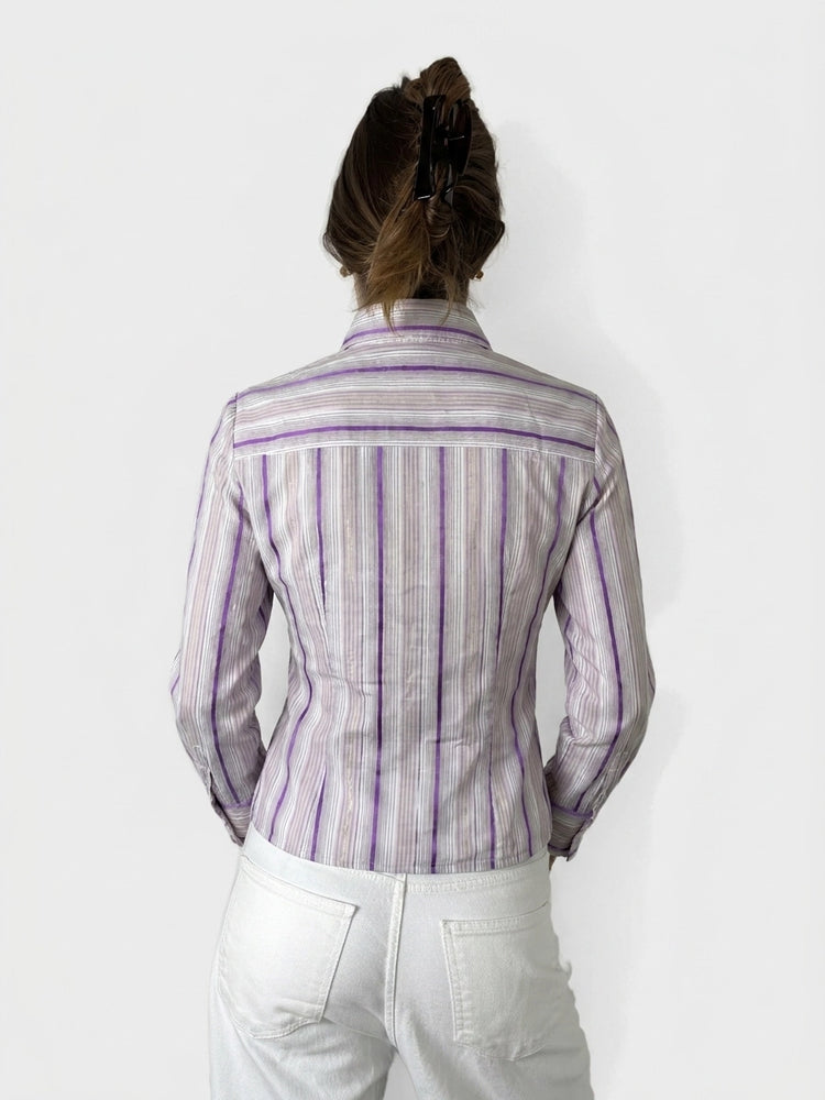 Purple Striped Sheen Blouse for Effortless Style (M)