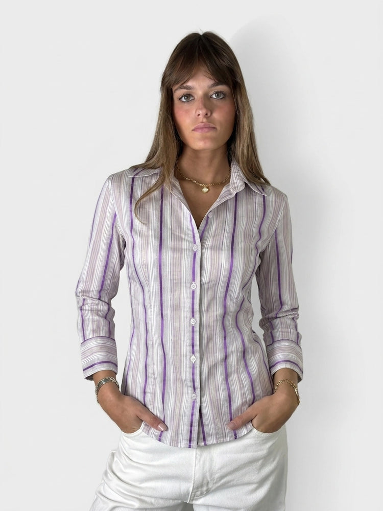 Purple Striped Sheen Blouse for Effortless Style (M)