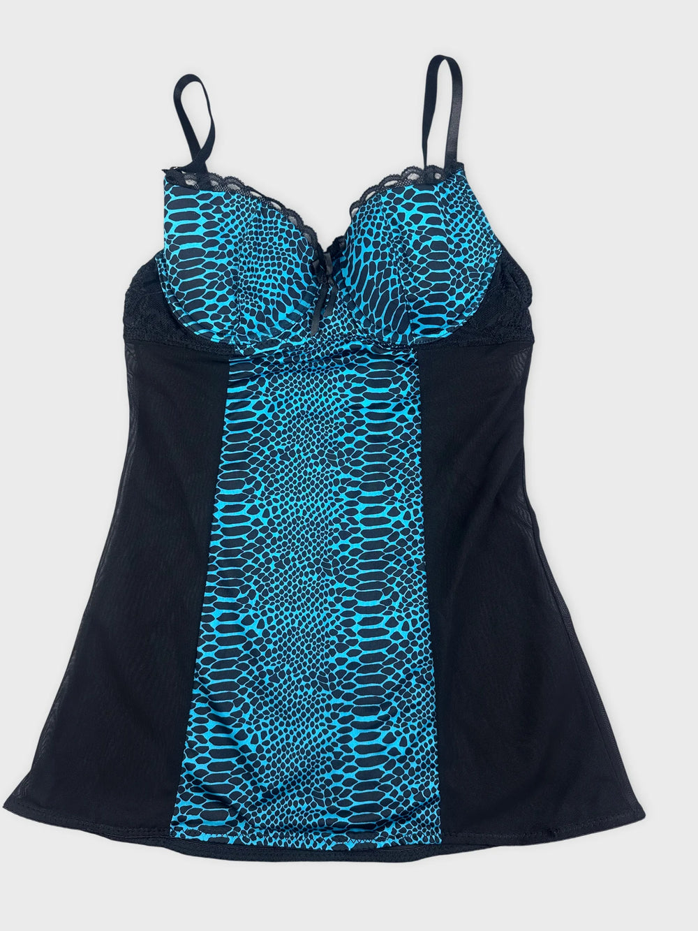 Front view of a turquoise black animal print lingerie top with lace trim.