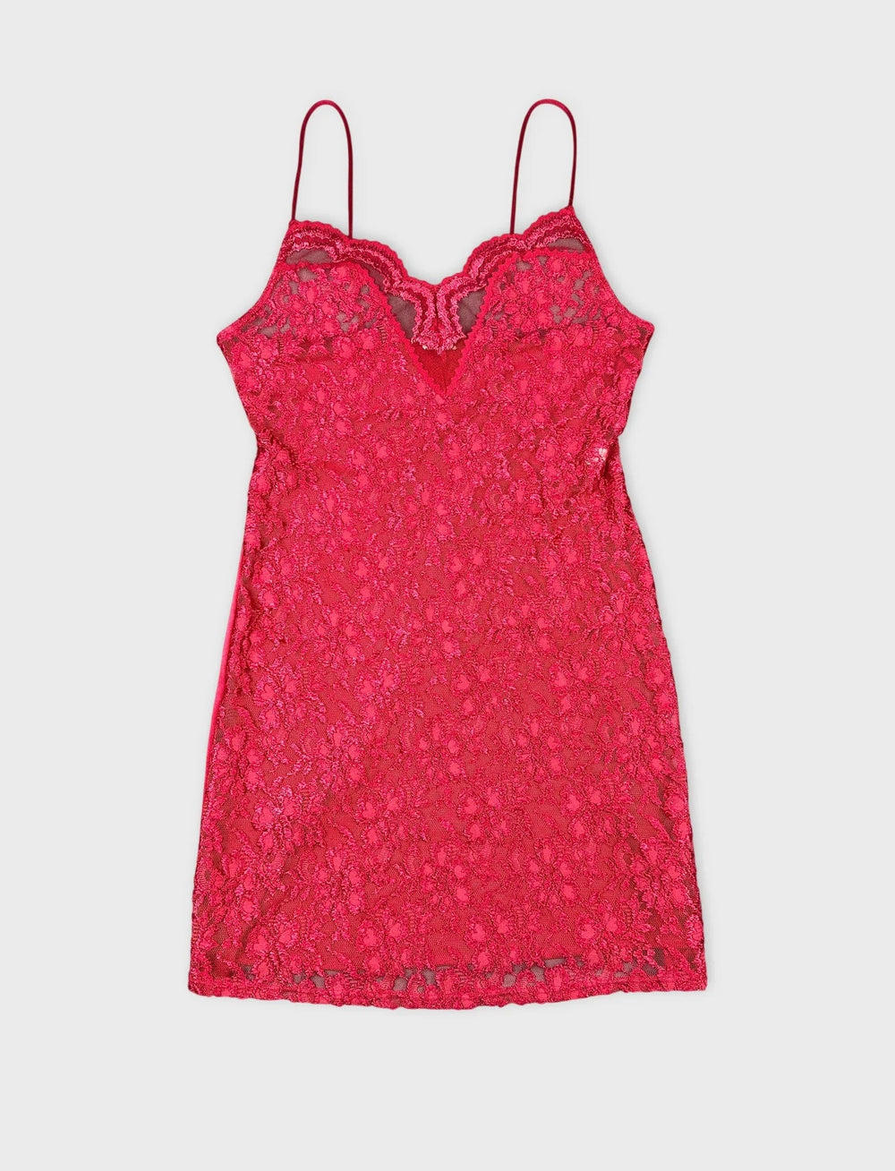 Front view of a red lace slip dress with adjustable straps and floral pattern.