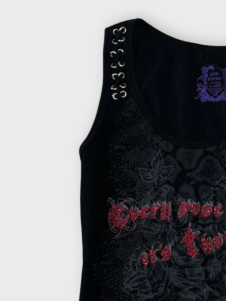 detail view, Just Divine Rock Rhinestone Top, vintage Y2K second hand piece, image 4