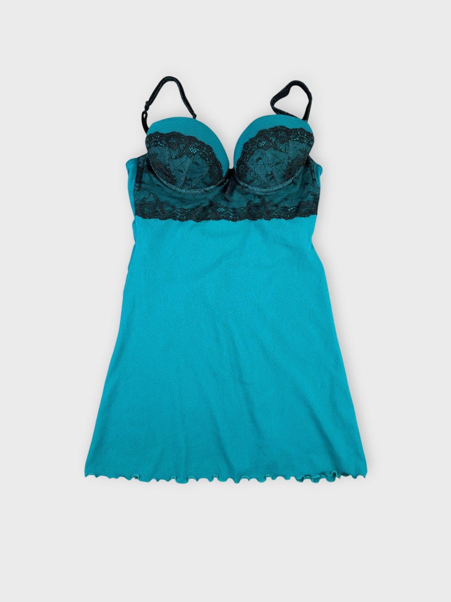 Sheer aqua lace top with scalloped hem front view