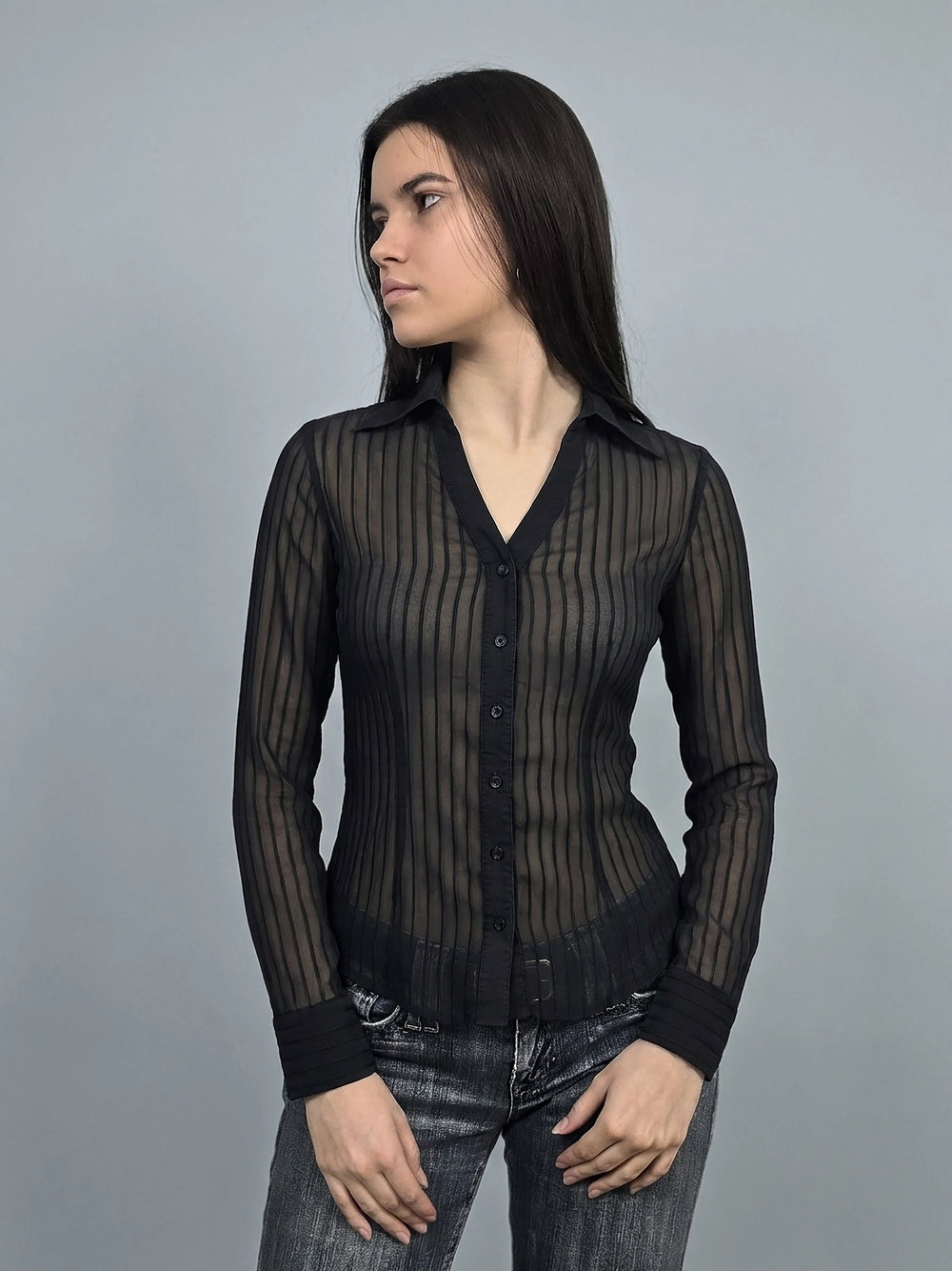 Sheer black body shirt with pinstripes, front view, showcasing button detail.