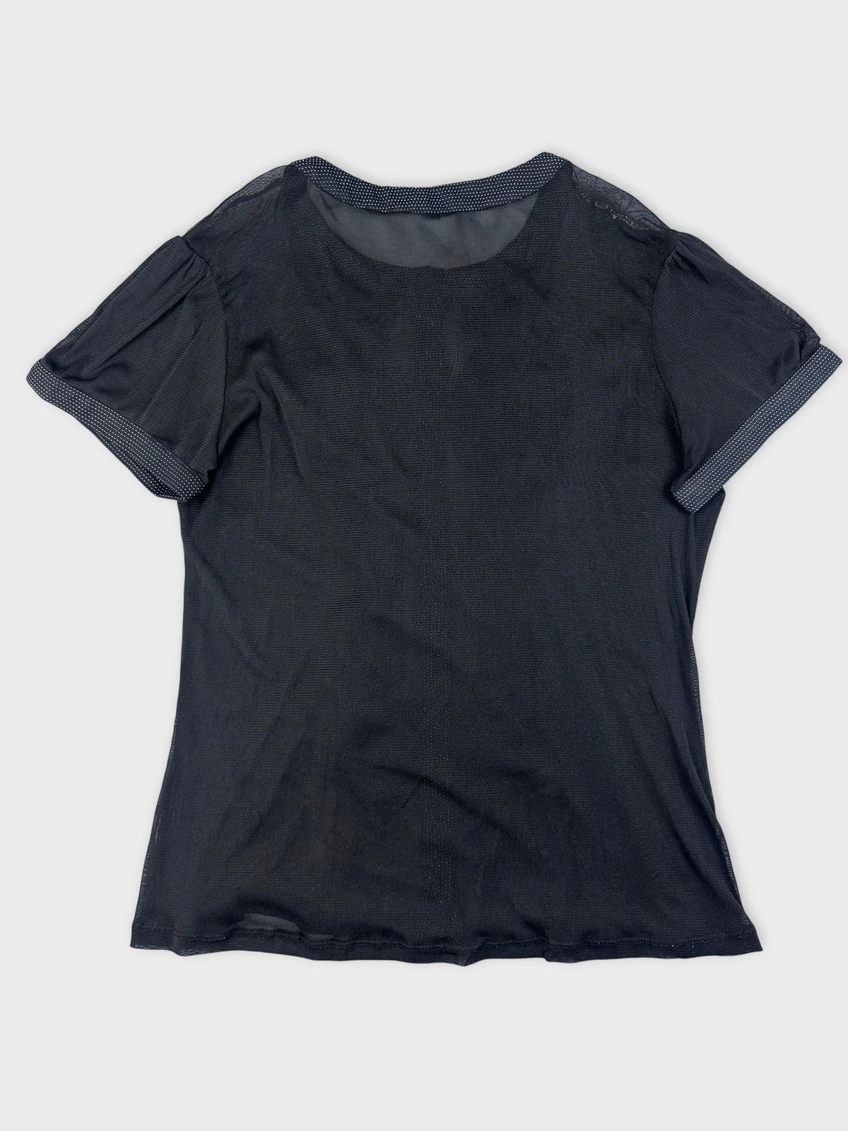 Sheer black button-up top with ruffle detail back view