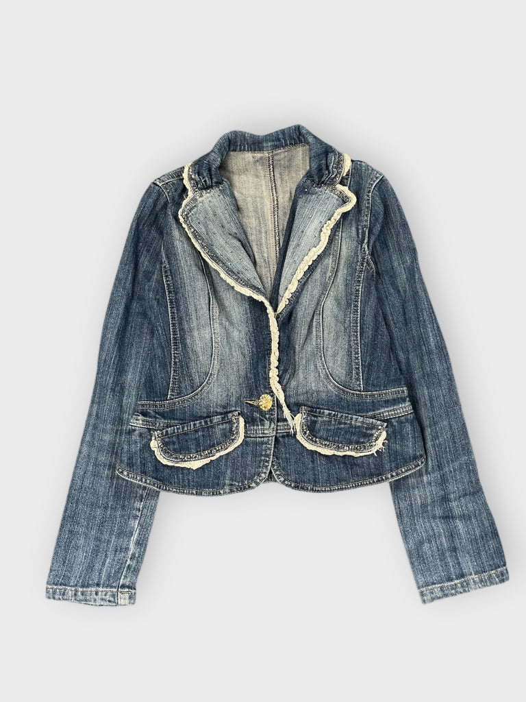 detail view, Shiny Denim Blazer with Lace Trim, vintage Y2K second hand piece
