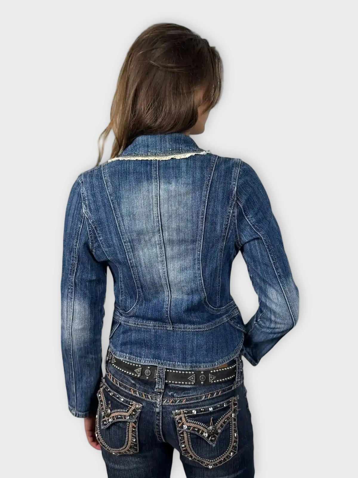 back view, Shiny Denim Blazer with Lace Trim, vintage Y2K second hand piece