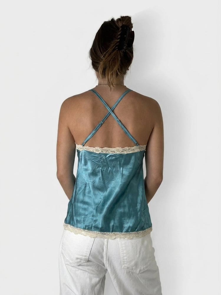 Silk Blue Lace Trim Camisole (S)