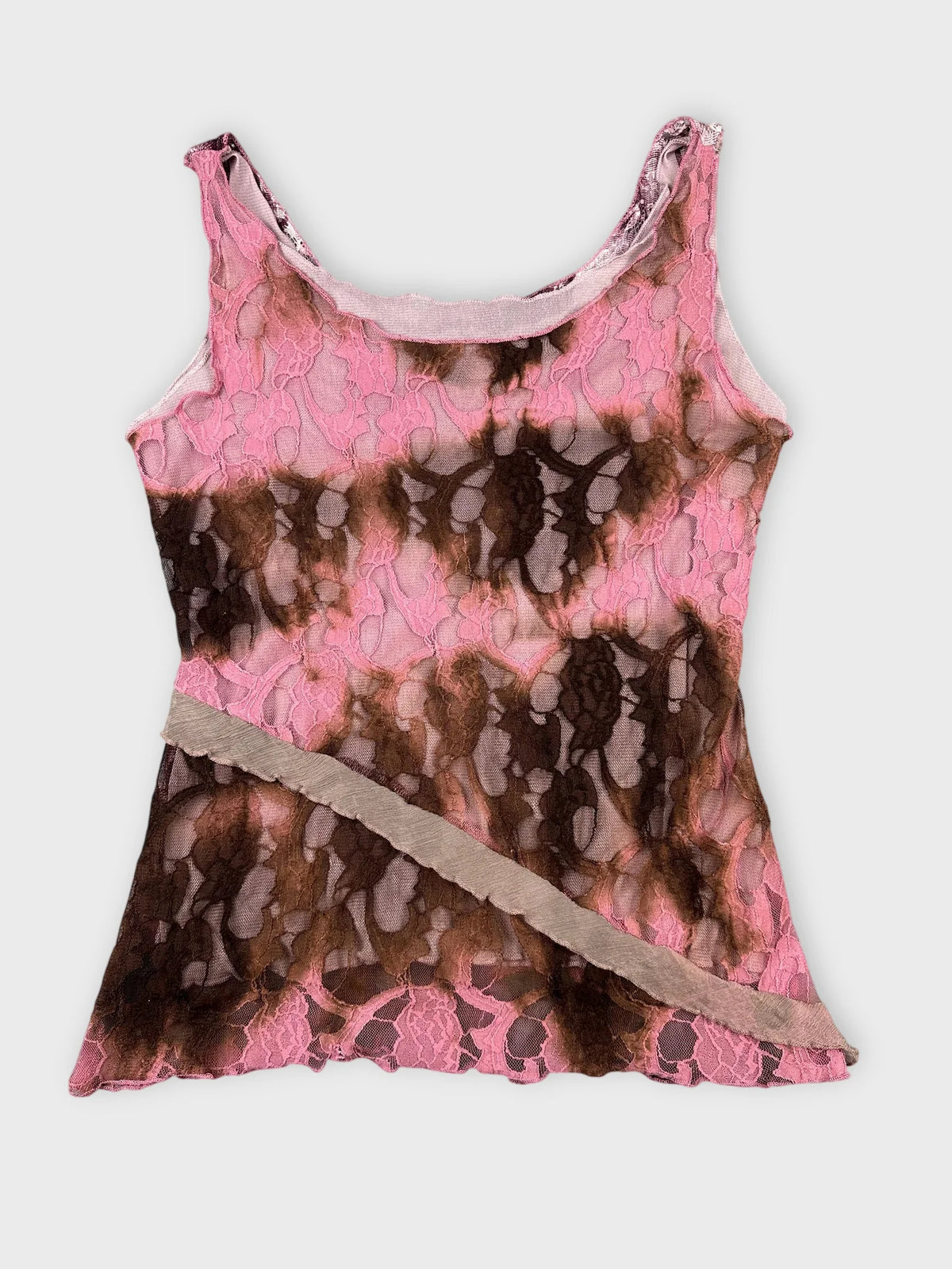 Back view of a layered pink tank top featuring lace detail and brown accents.