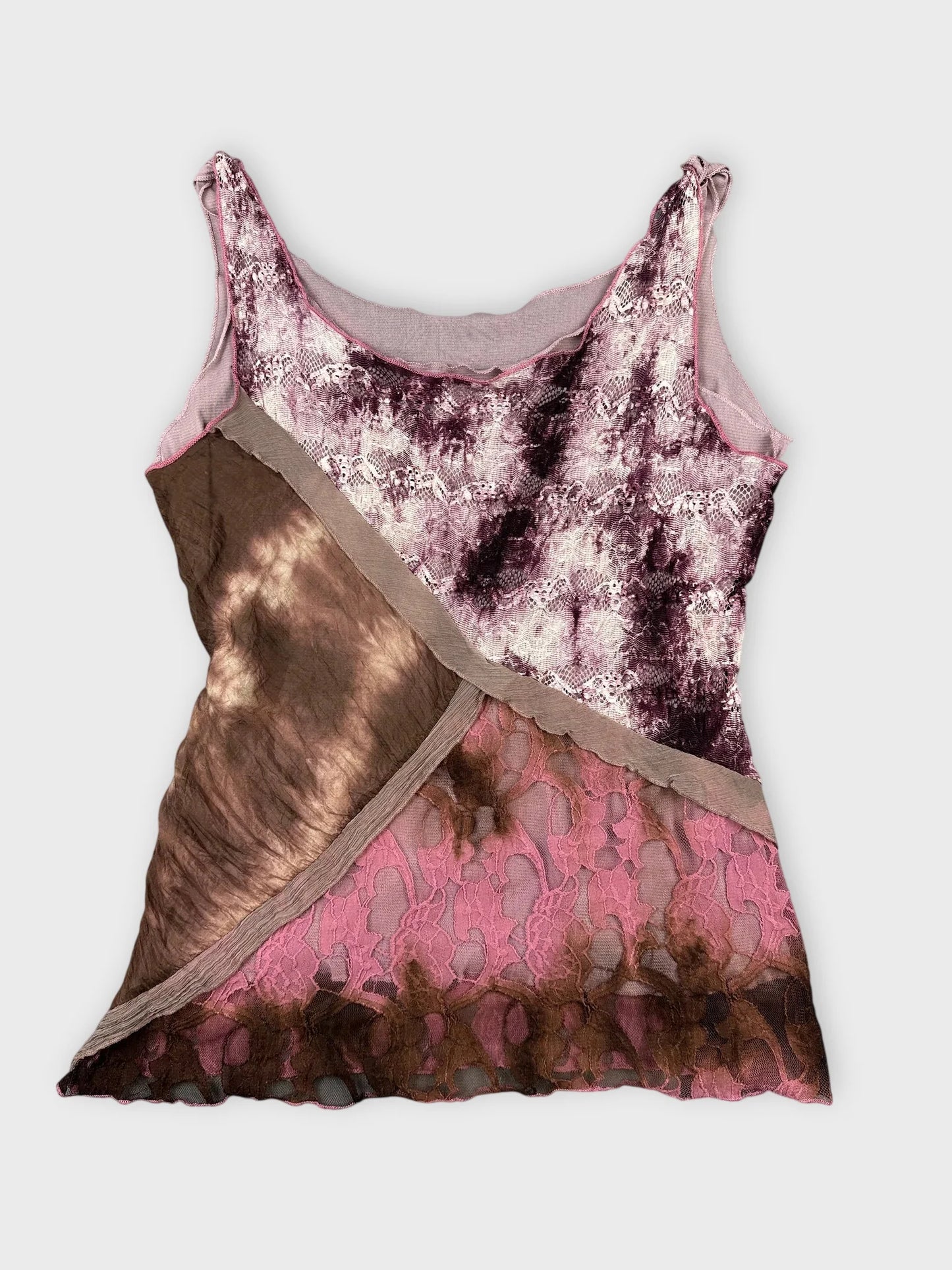 Silk layered tank top in chocolate pink with lace detail front view