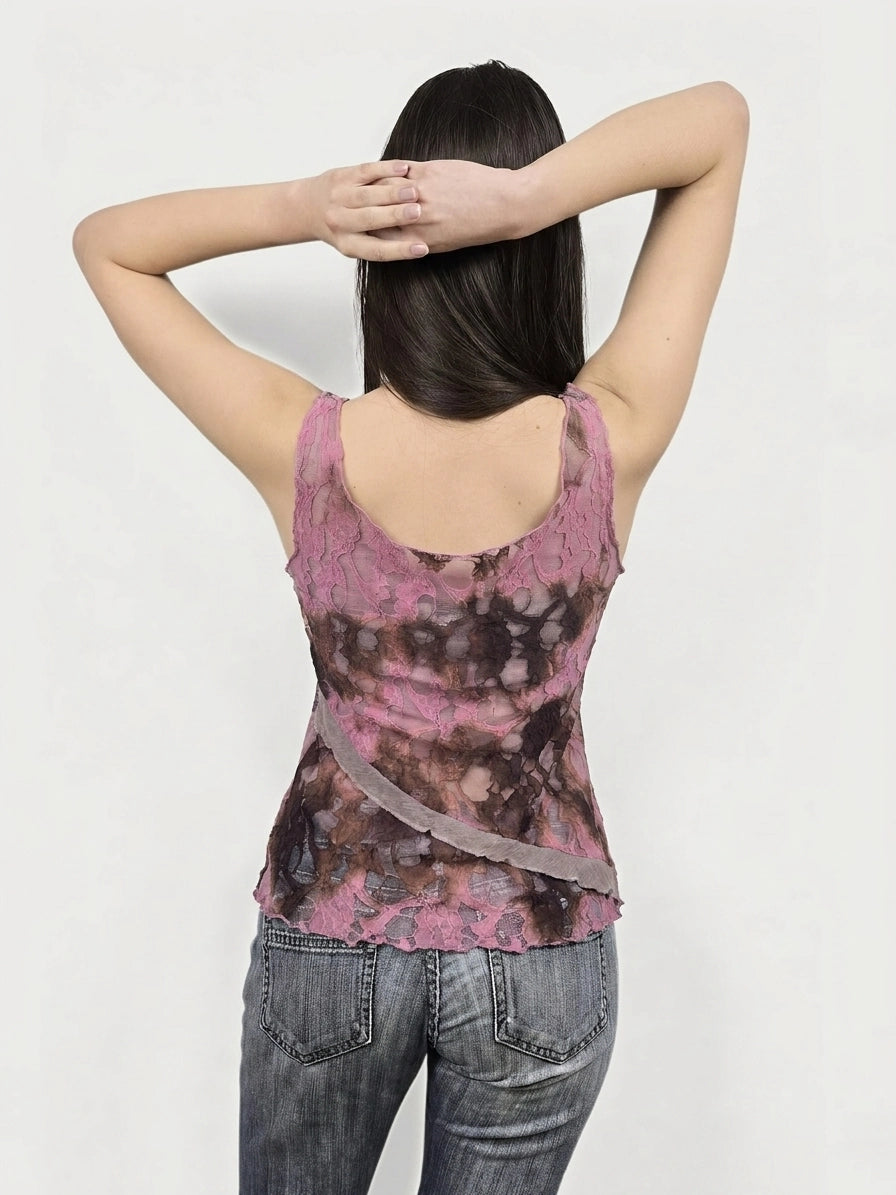 Back view of a silk tank top in chocolate pink with layered lace details.