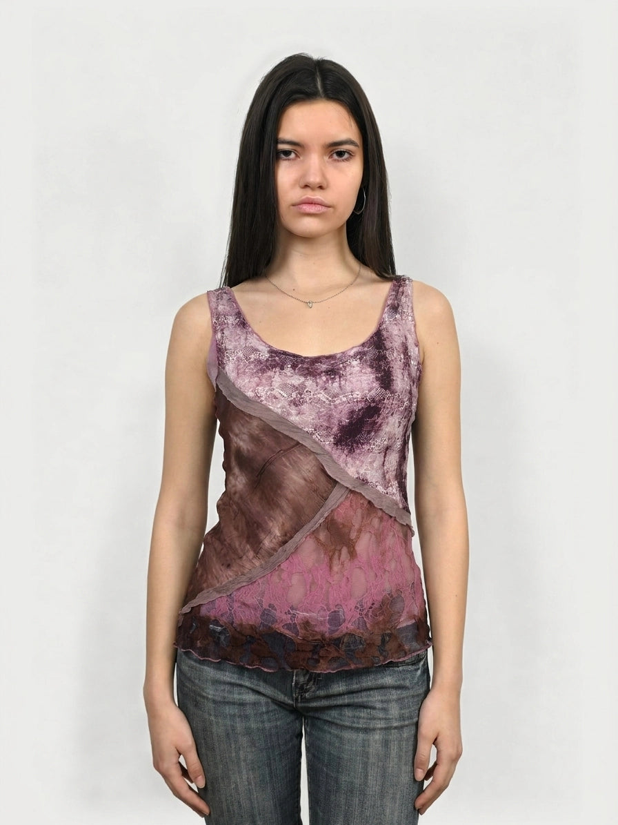 Silk layered tank top in chocolate pink, featuring lace detail, front view.