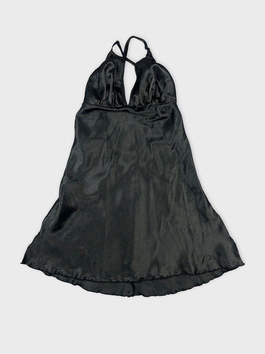 Silky black halter top with V-neckline front view