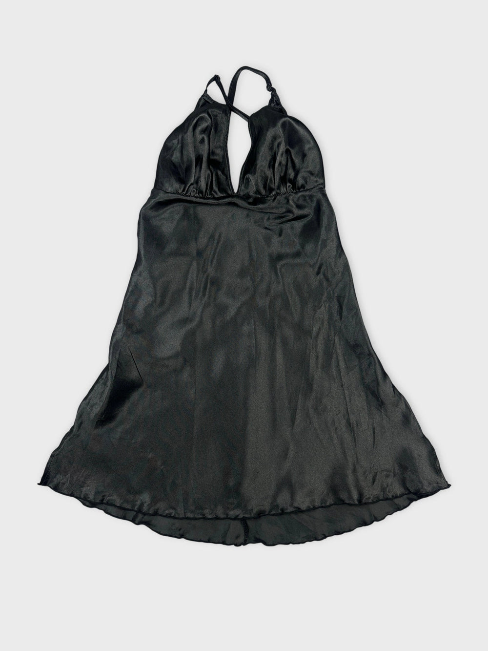 Silky black halter top with V-neckline front view