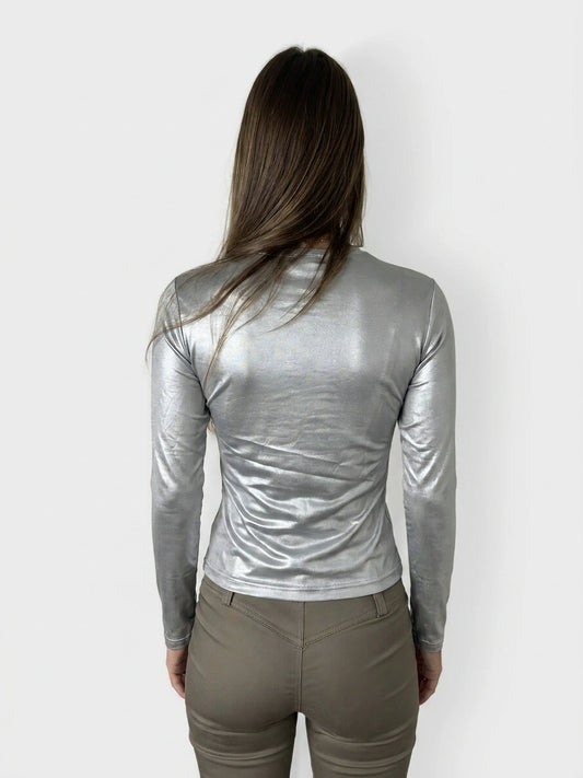 Back view of a silver long sleeve body top, featuring a fitted silhouette.