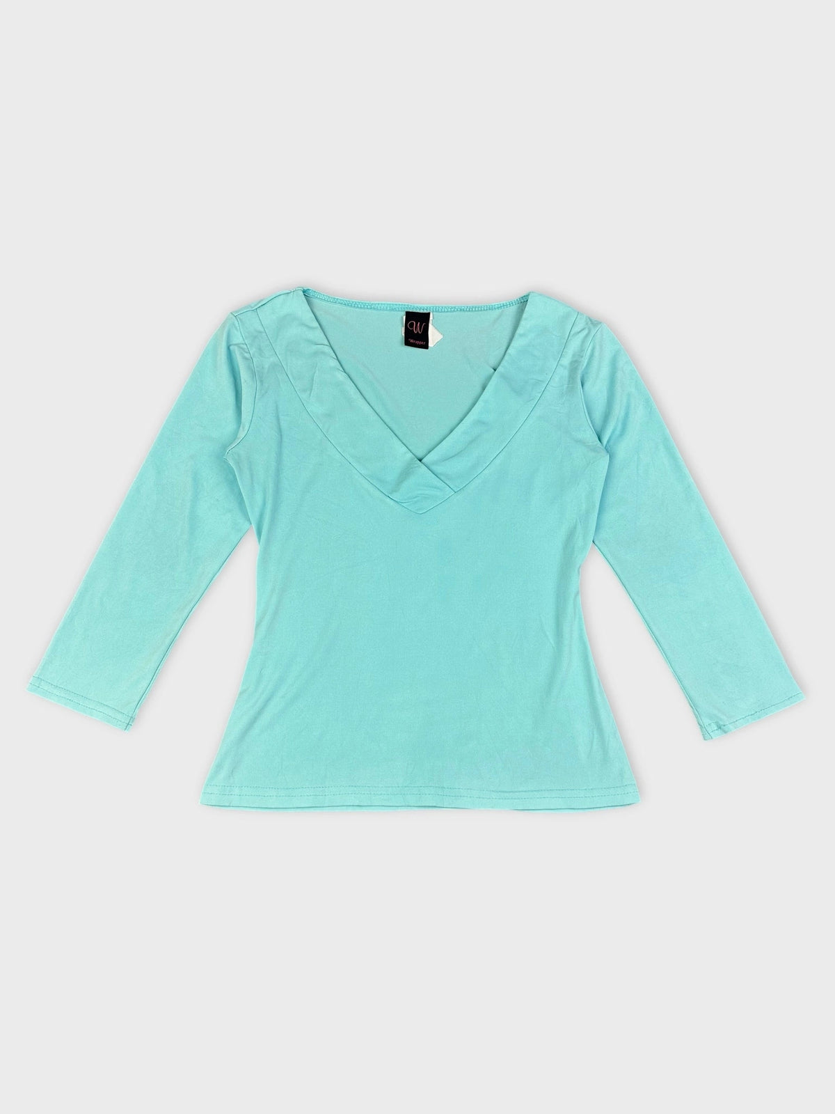 Sky blue long sleeve top with V-neck front view