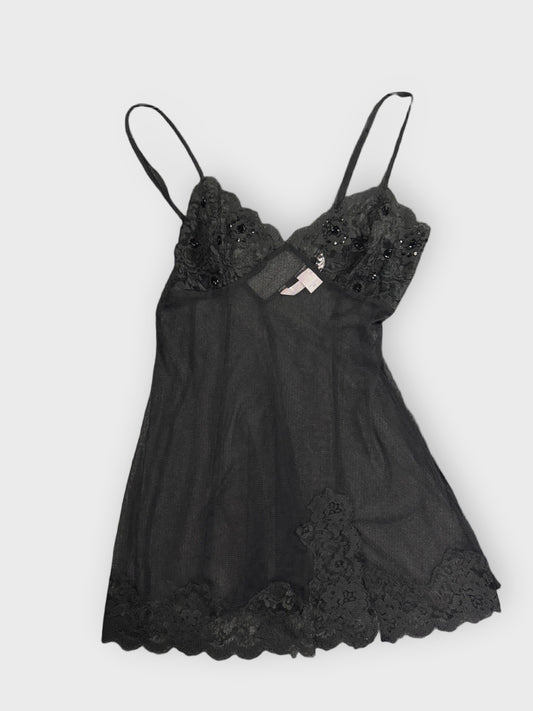 front view, Victoria's Secret Sultry Black Lace Babydoll Lingerie Top, vintage Y2K second hand piece
