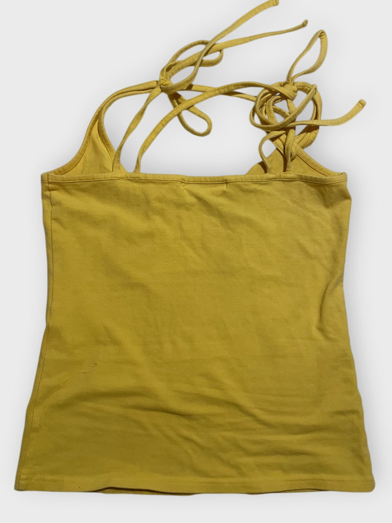 Front view of a sunshine yellow tie-shoulder tank top with strap details.
