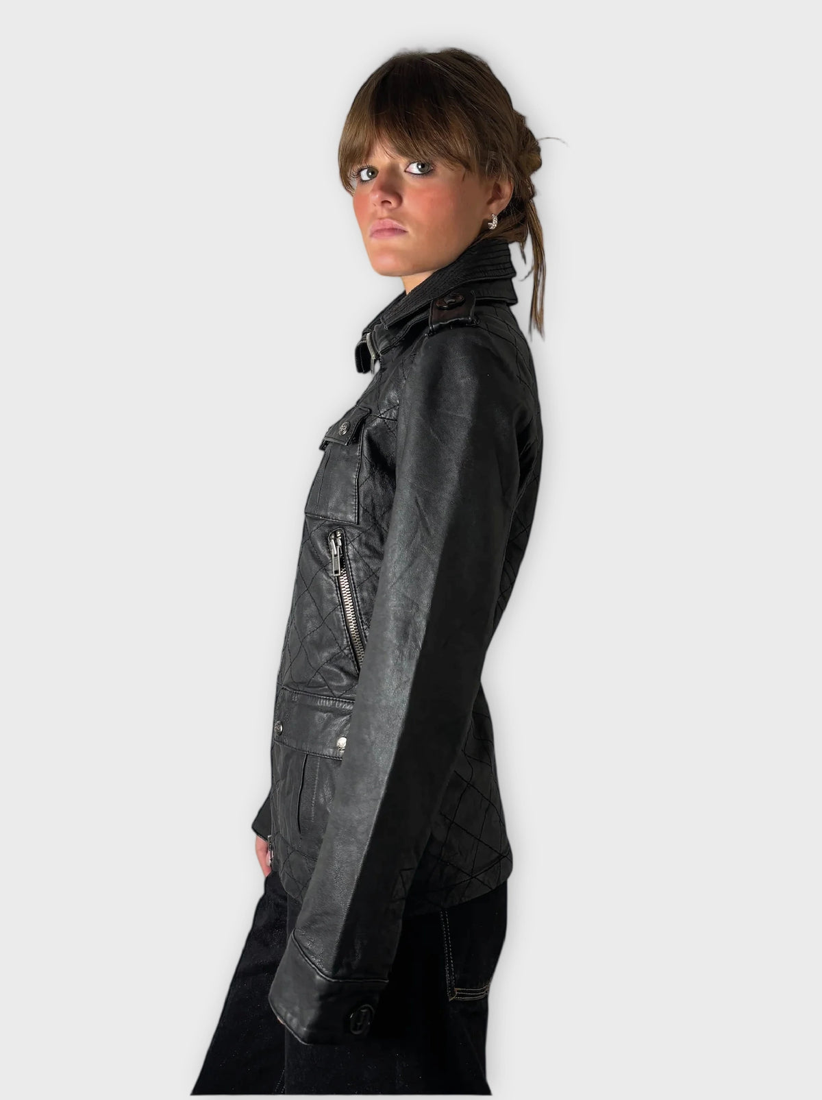 detail view, Superdry Black Vintage Leather Coat, vintage Y2K second hand piece, image 4