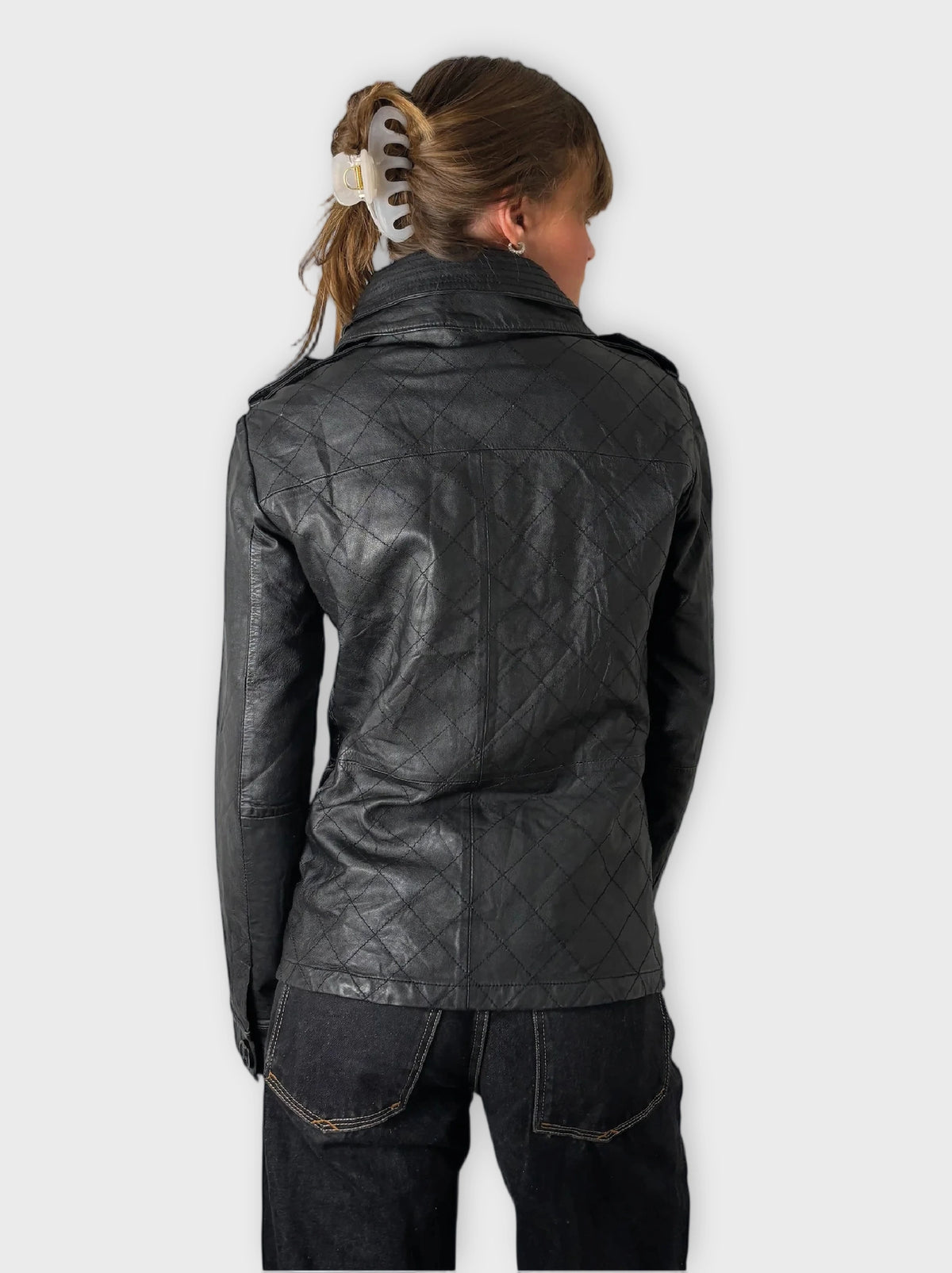 detail view, Superdry Black Vintage Leather Coat, vintage Y2K second hand piece