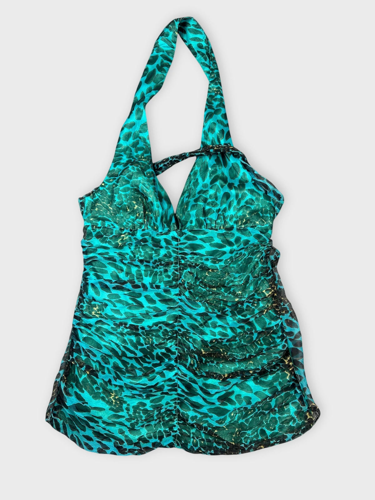 Teal leopard print top with ruched detail front view
