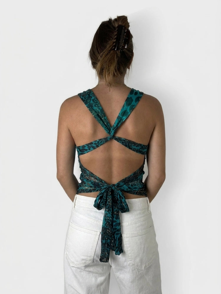 Teal Leopard Print Top with Ruched Details (M)