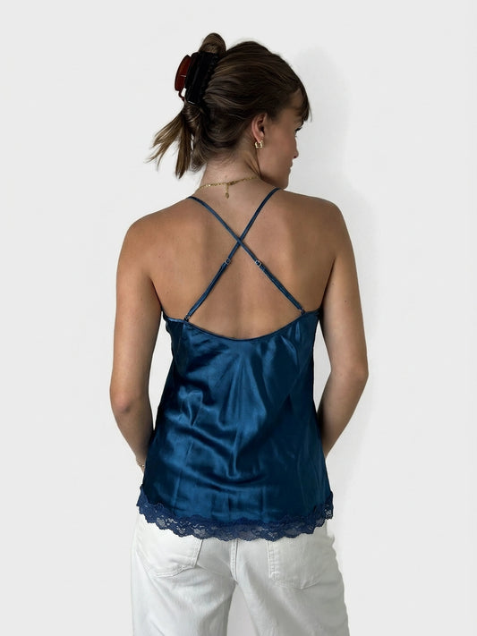 Teal satin cami featuring lace trim, back view.