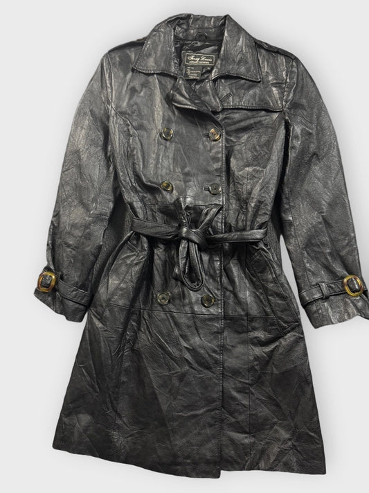 front view, Terry Lewis Black Long Leather Coat, vintage Y2K second hand piece